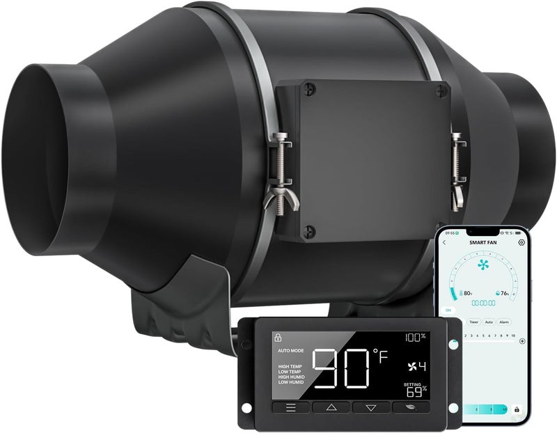 Toolazy Quiet 4" 214 CFM Inline Duct Fan with WiFi Integrated App Controller, Temperature Humidity Control - Ventilation Exhaust Fan for Heating Cooling, Grow Tents, Hydroponics - Image 1
